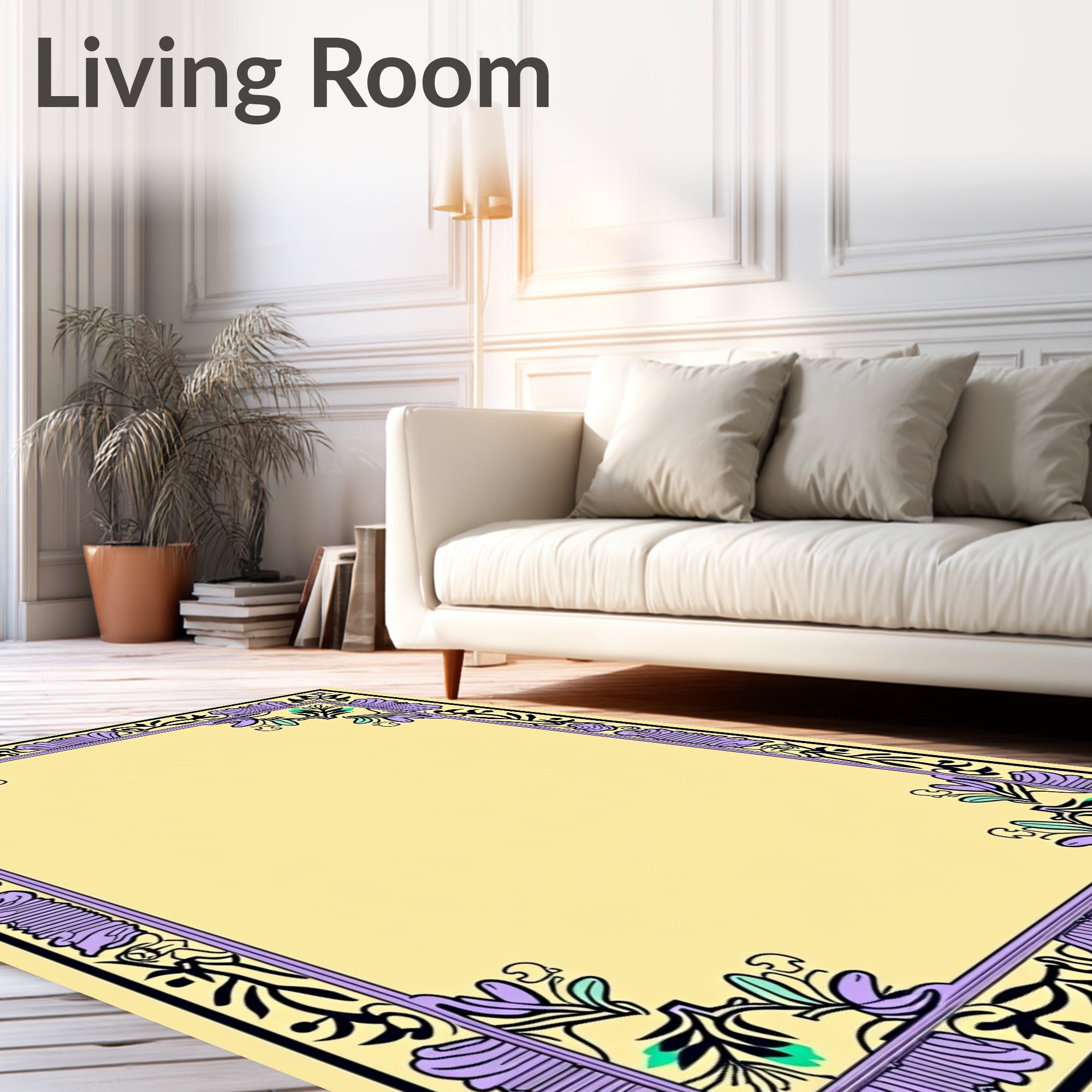 Pale Yellow Elegant Floral Border Accent Rug