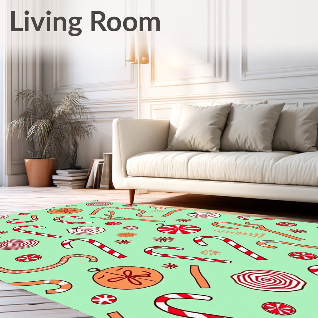 Red White Candy Cane Holiday Scene Rug