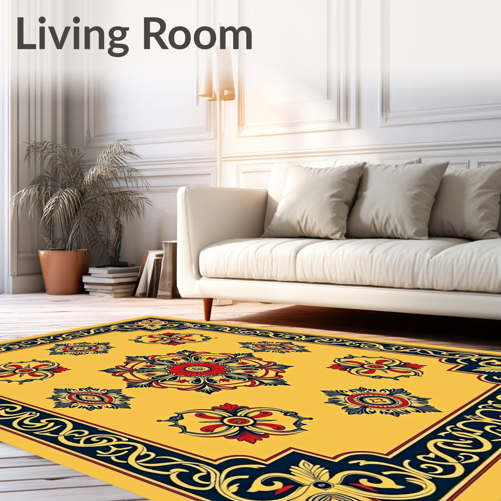 Golden Yellow Red Blue Floral Medallion Rug