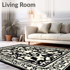 Classic Black Ivory Floral Scroll Border Rug