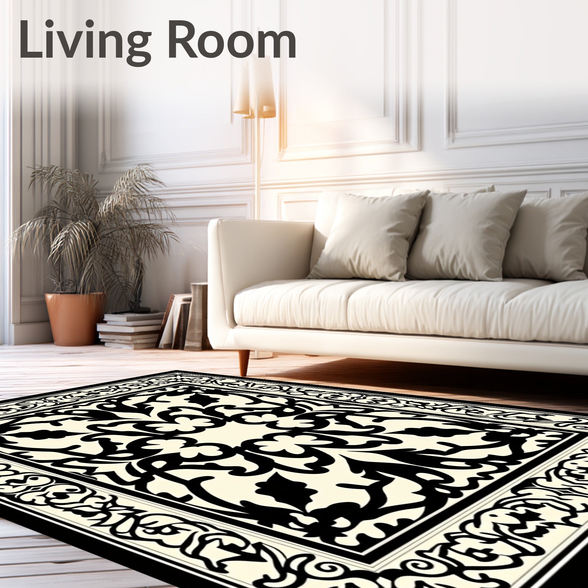 Classic Black Ivory Floral Scroll Border Rug