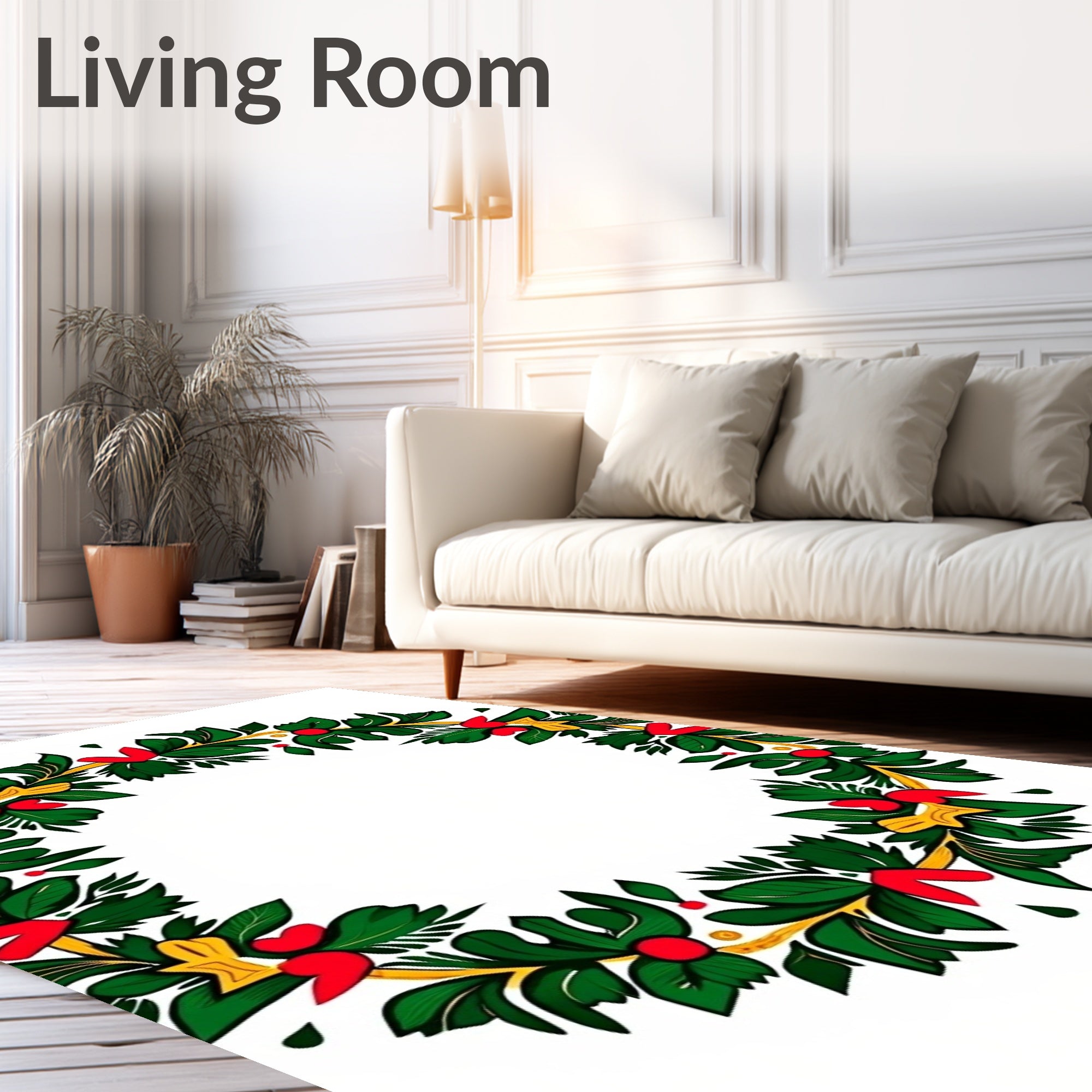 Festive Green Red Gold Holly Wreath Rug