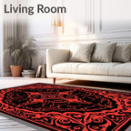 Bold Red Ornamental Swirl Frame Rug
