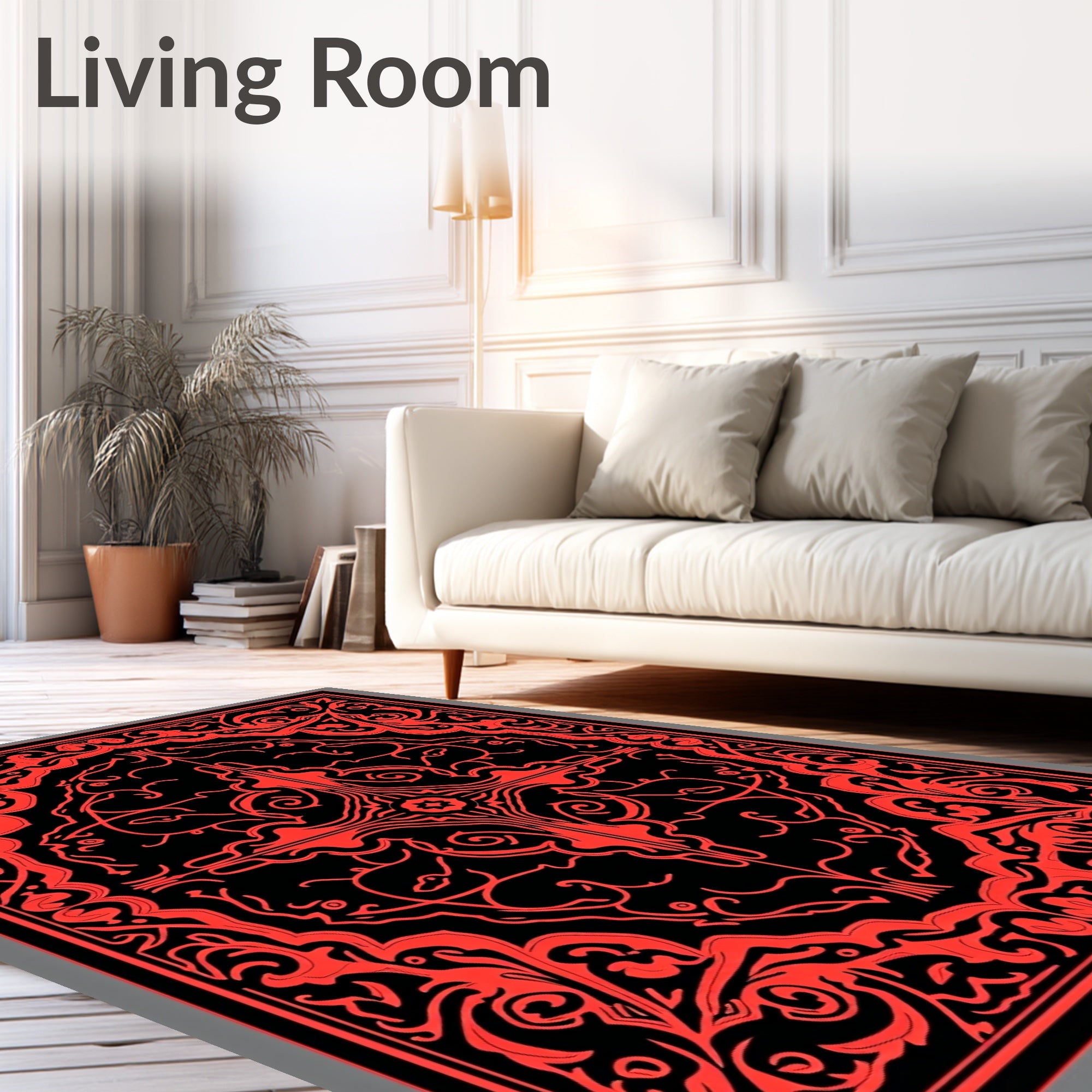 Bold Red Ornamental Swirl Frame Rug