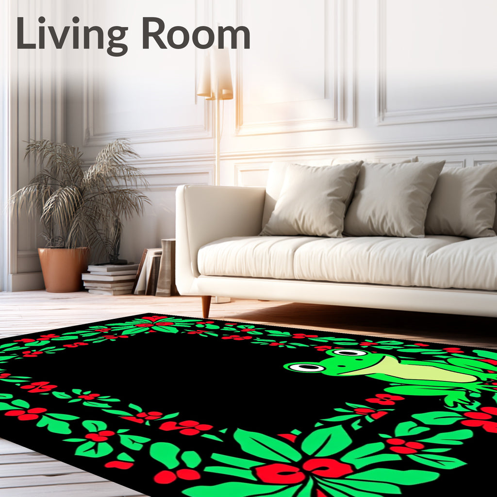 Whimsical Green Frog Holly Border Rug