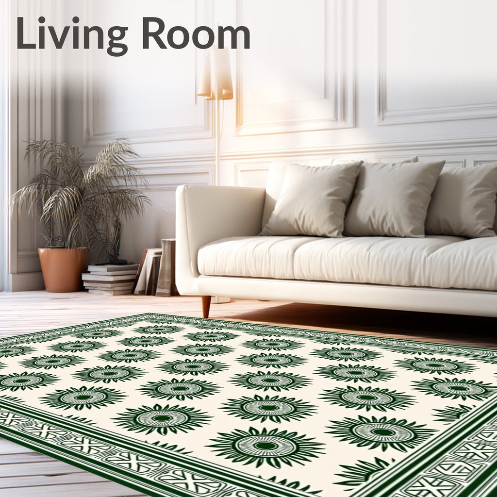 Dark Green Sunburst Floral Border Rug