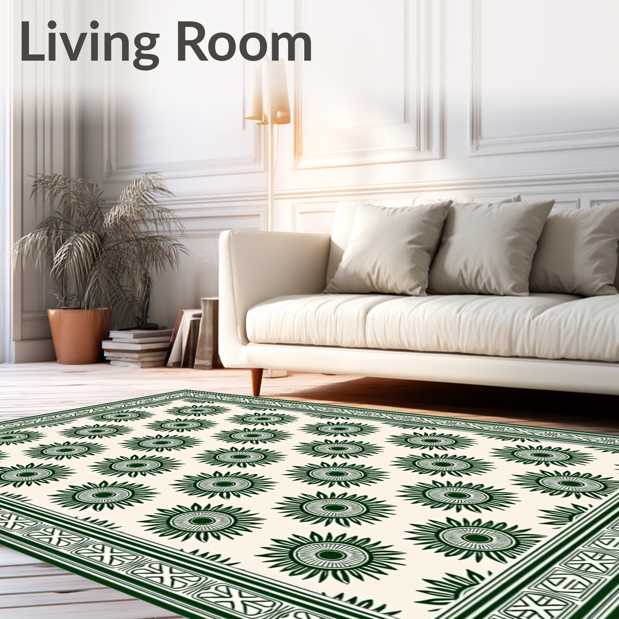 Dark Green Sunburst Floral Border Rug