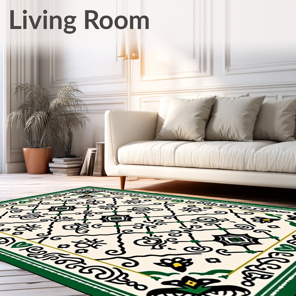 Bold Black Green Ivory Lattice Rug
