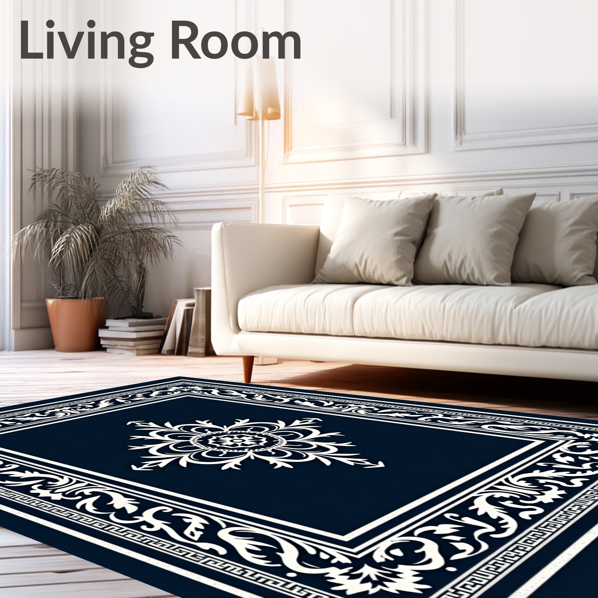 Classic Navy White Ornamental Medallion Rug