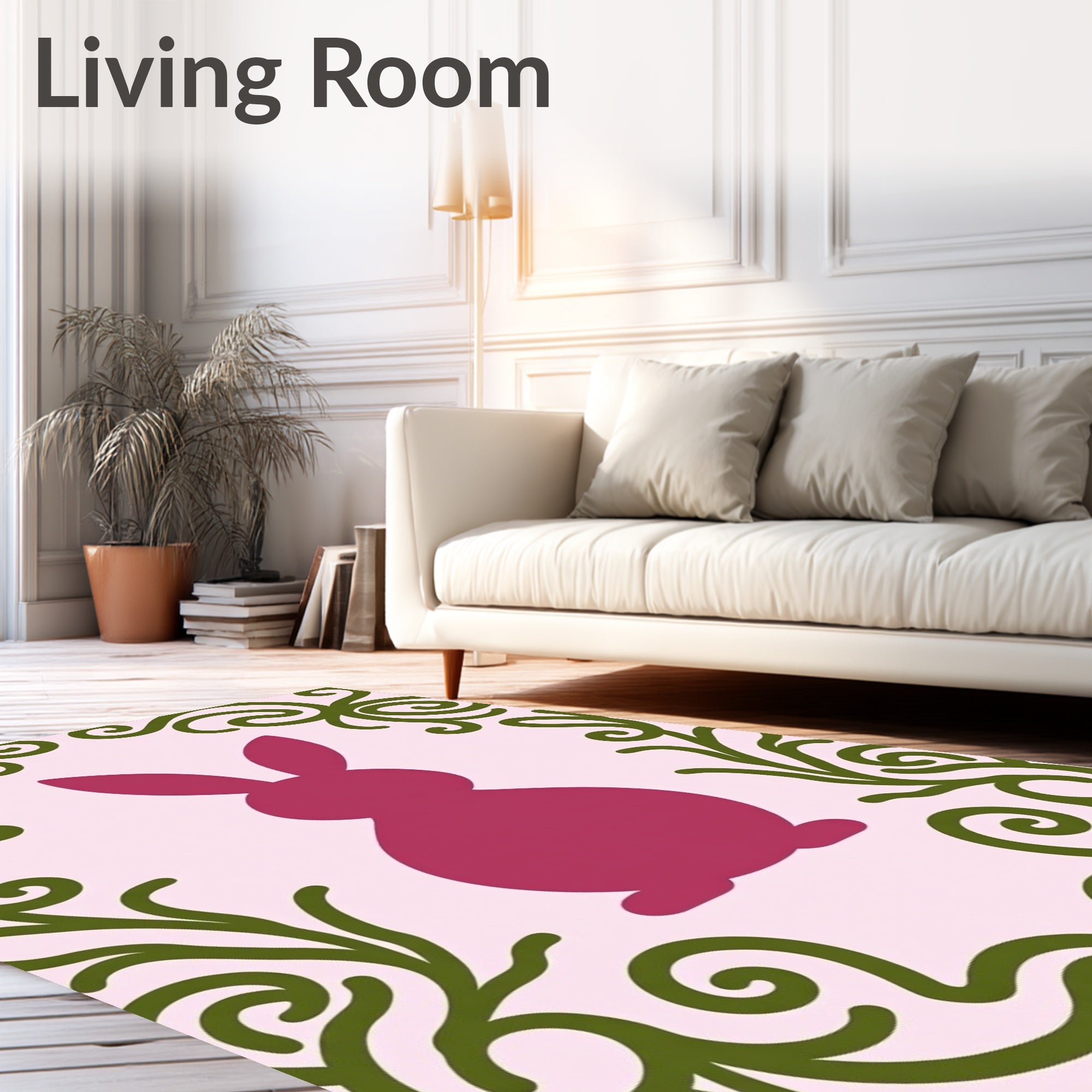 Pink Bunny Surrounded By Green Vines Rug