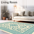 Teal Scrolling Vine Medallion Cream Rug