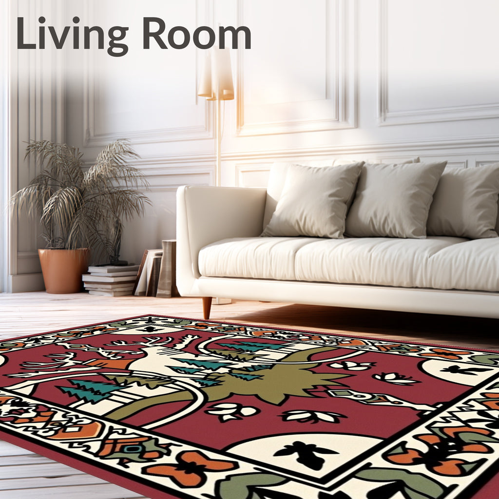 Deep Red Forest Scene Deer Rug