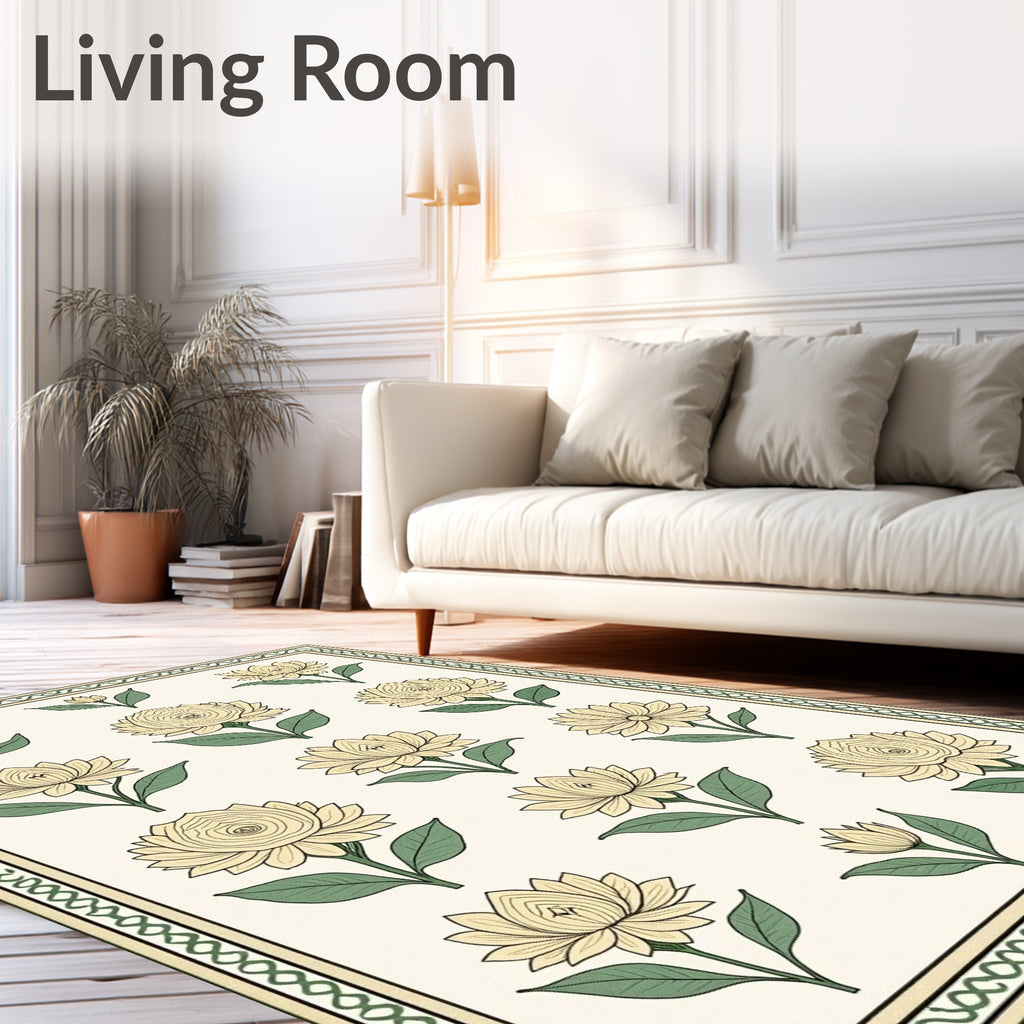 Cream Yellow Floral Garden Border Rug