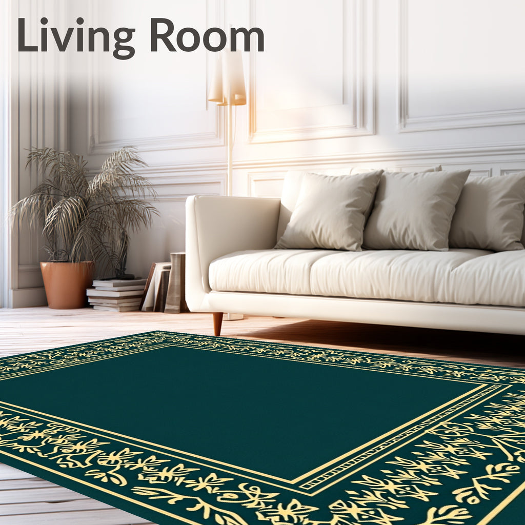 Golden Teal Floral Bordered Rug