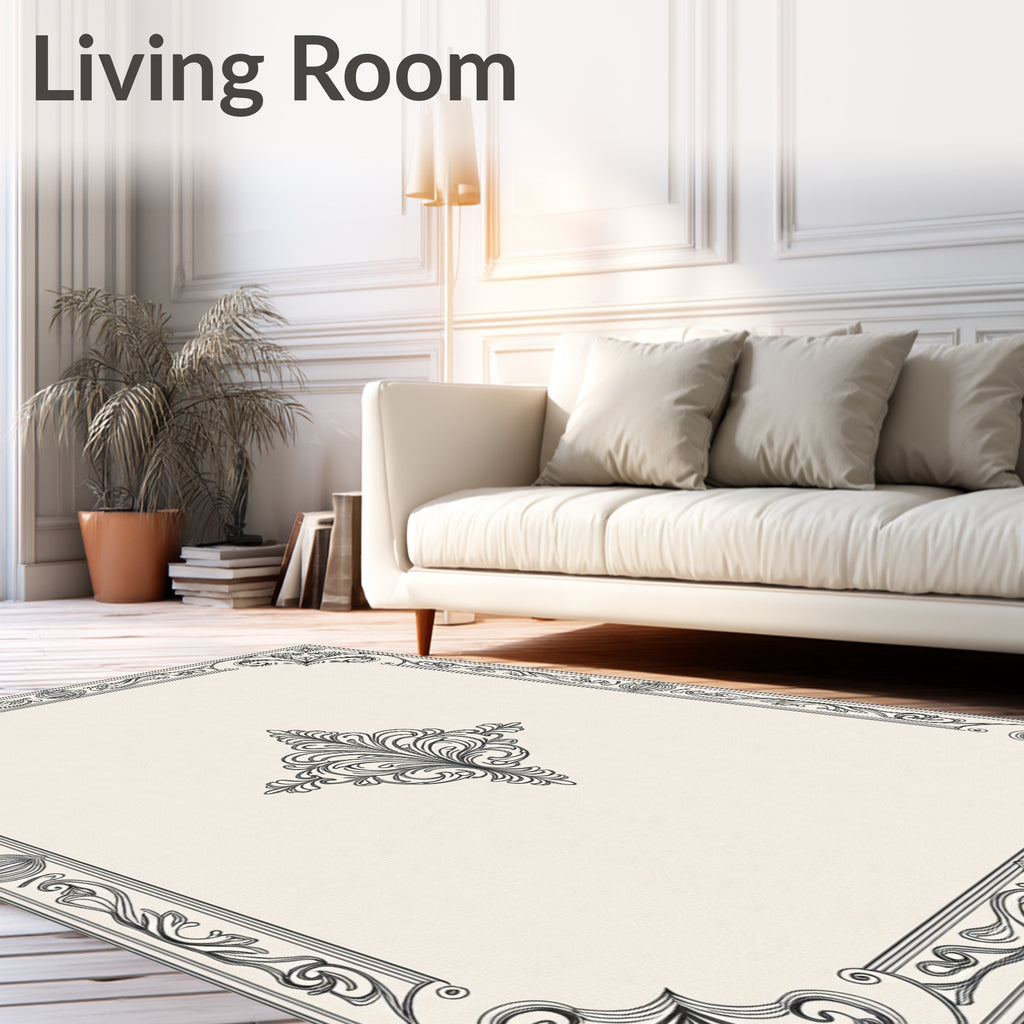 Elegant Ivory and Black Scrollwork Border Rug