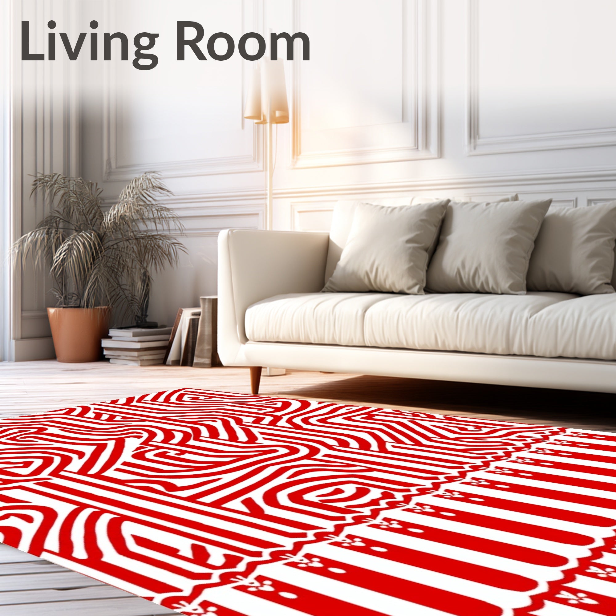 Red White Abstract Maze Border Rug