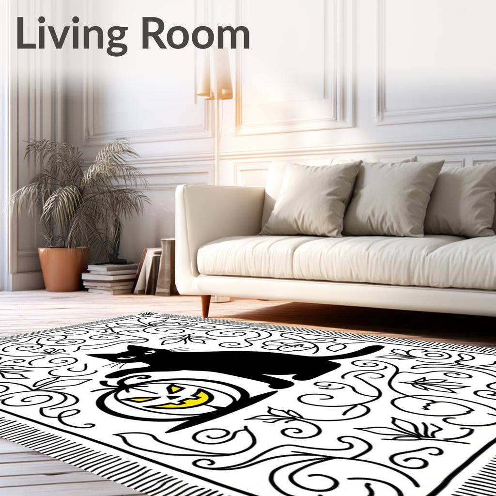 Black Cat Pumpkin Swirls Foliage Rug