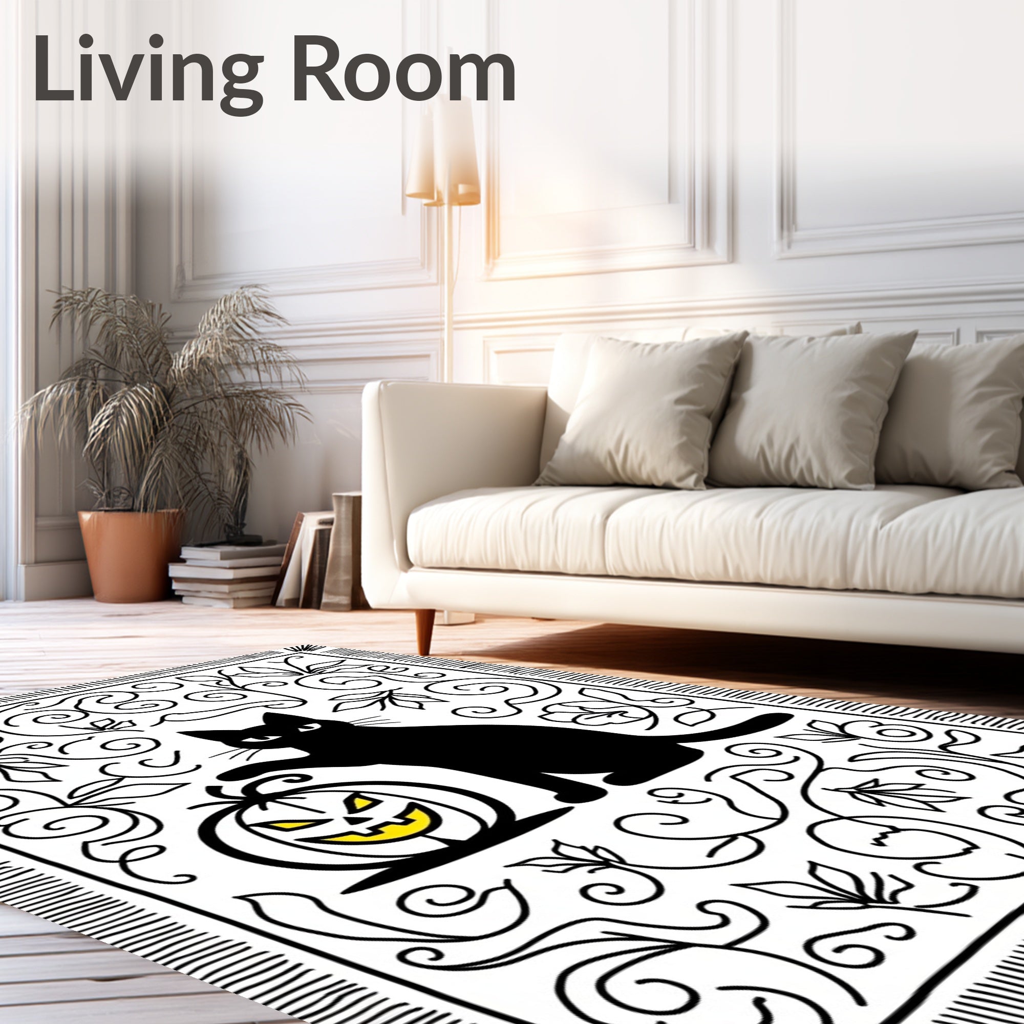 Black Cat Pumpkin Swirls Foliage Rug