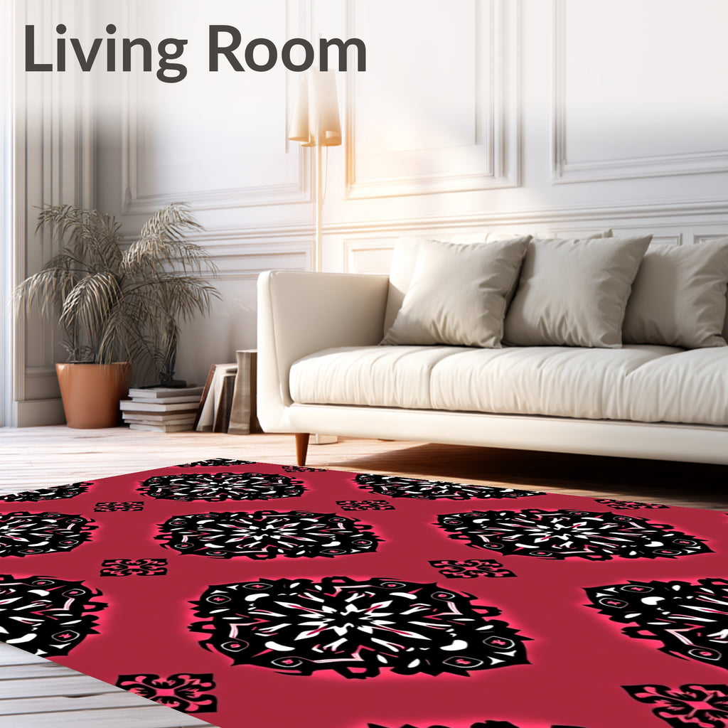 Crimson Black White Ornamental Medallion Rug