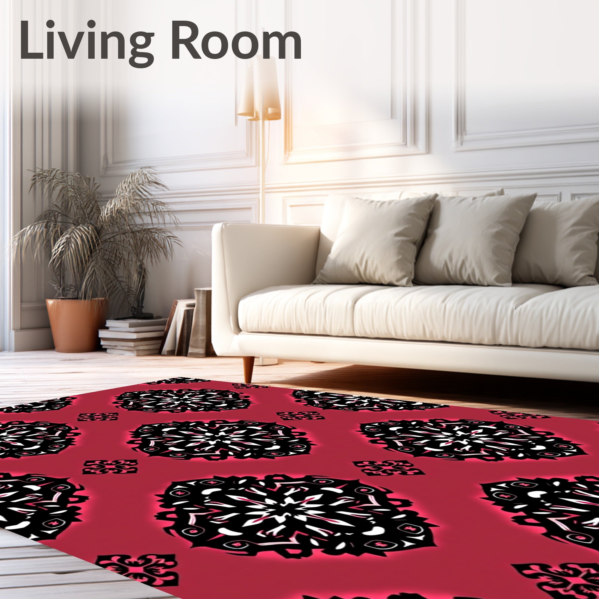 Crimson Black White Ornamental Medallion Rug