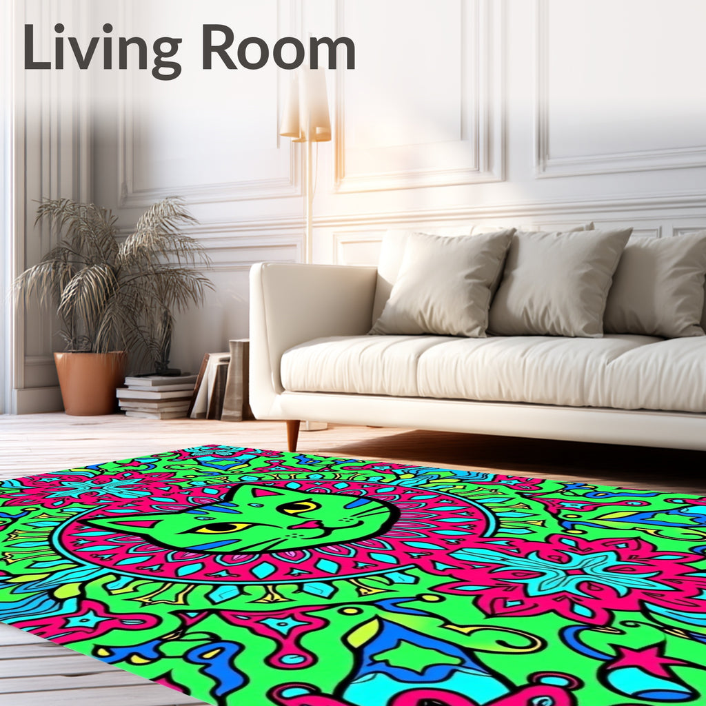 Vibrant Neon Green Cat Medallion Rug