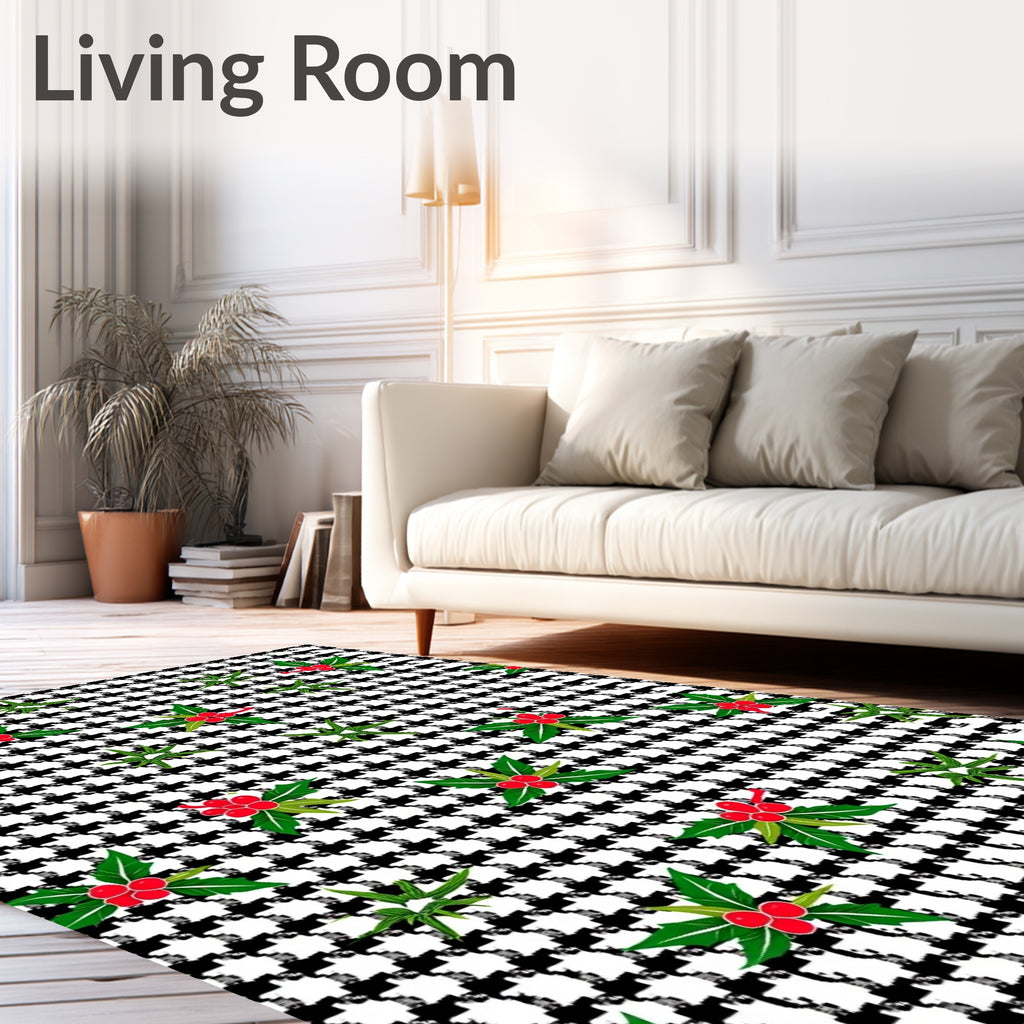 Black White Houndstooth Holly Berries Rug