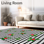 Black White Houndstooth Holly Berries Rug