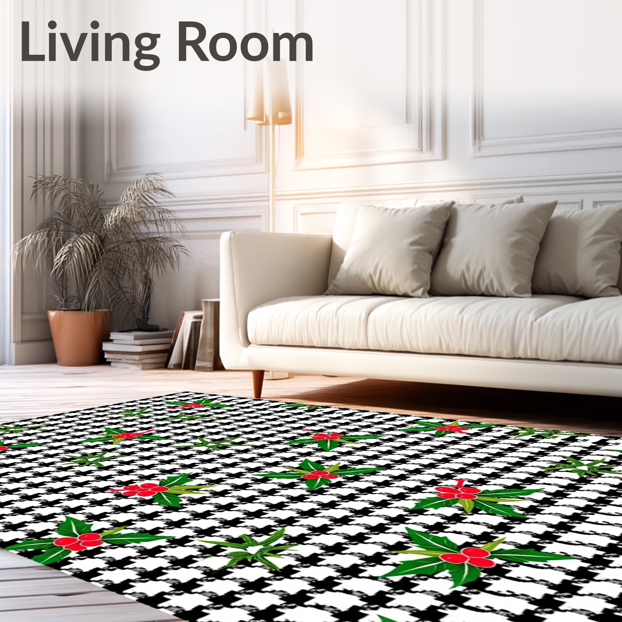 Black White Houndstooth Holly Berries Rug