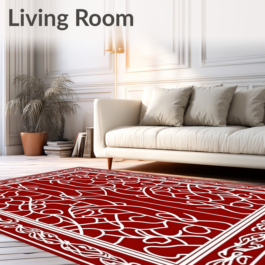 Deep Red White Vine Scroll Border Rug