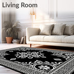 Black White Floral Ornamental Border Rug