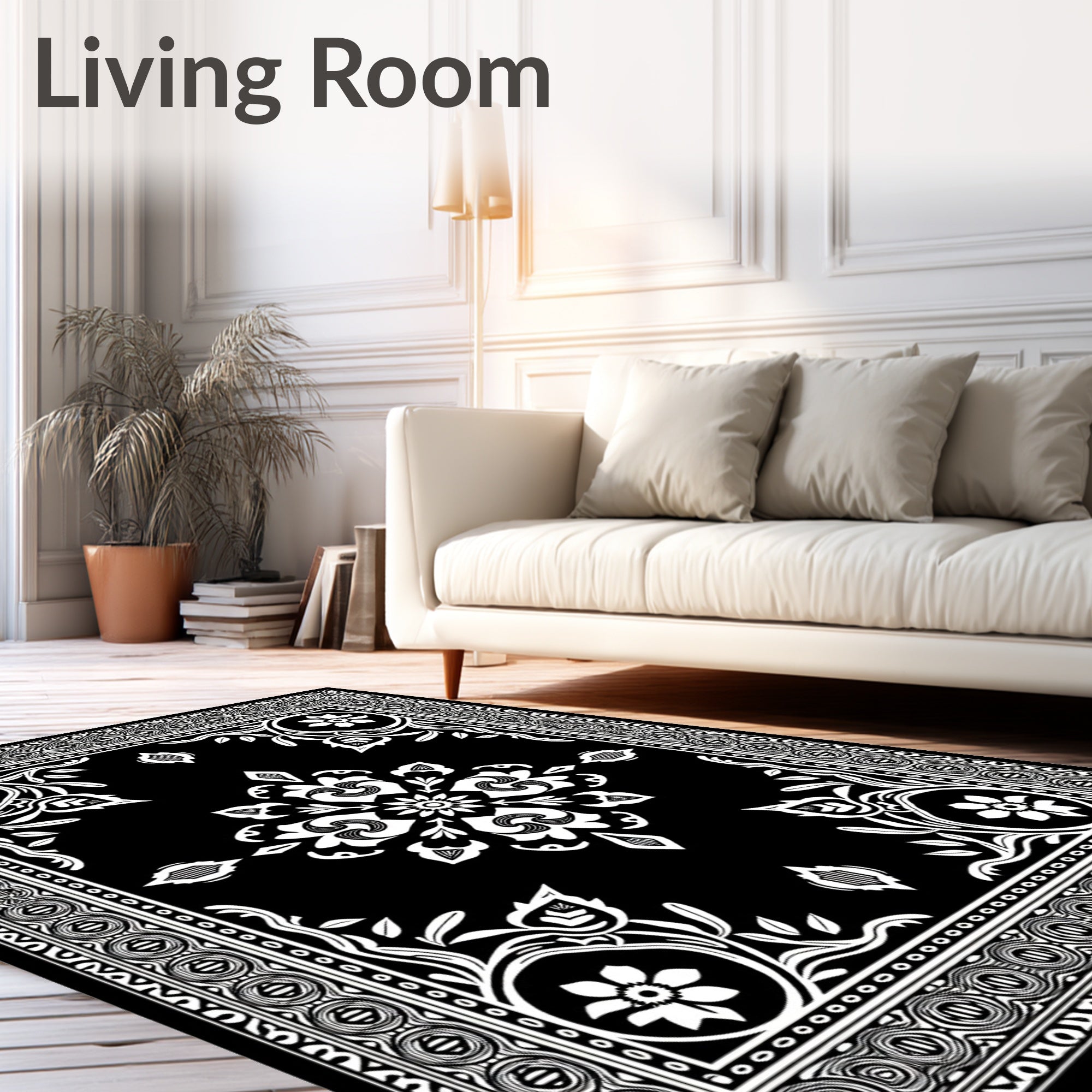 Black White Floral Ornamental Border Rug