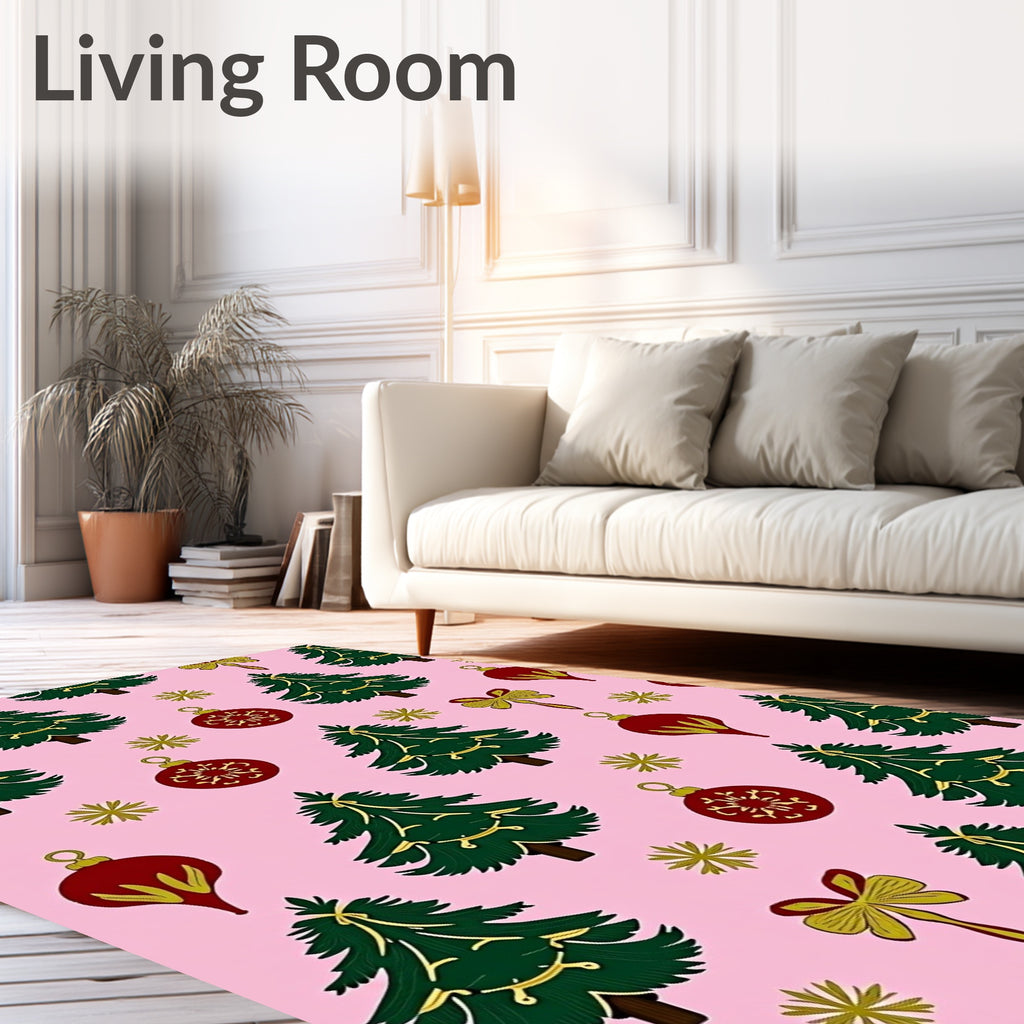 Pink and Green Christmas Tree Ornaments Rug