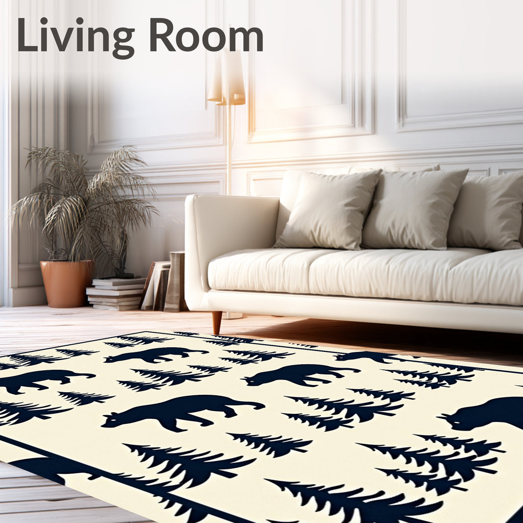 Dark Navy Bear Forest Scene Rug