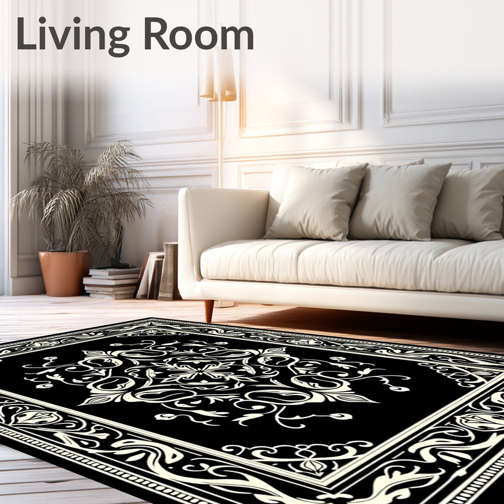 Black Cream Ornate Scrollwork Medallion Rug
