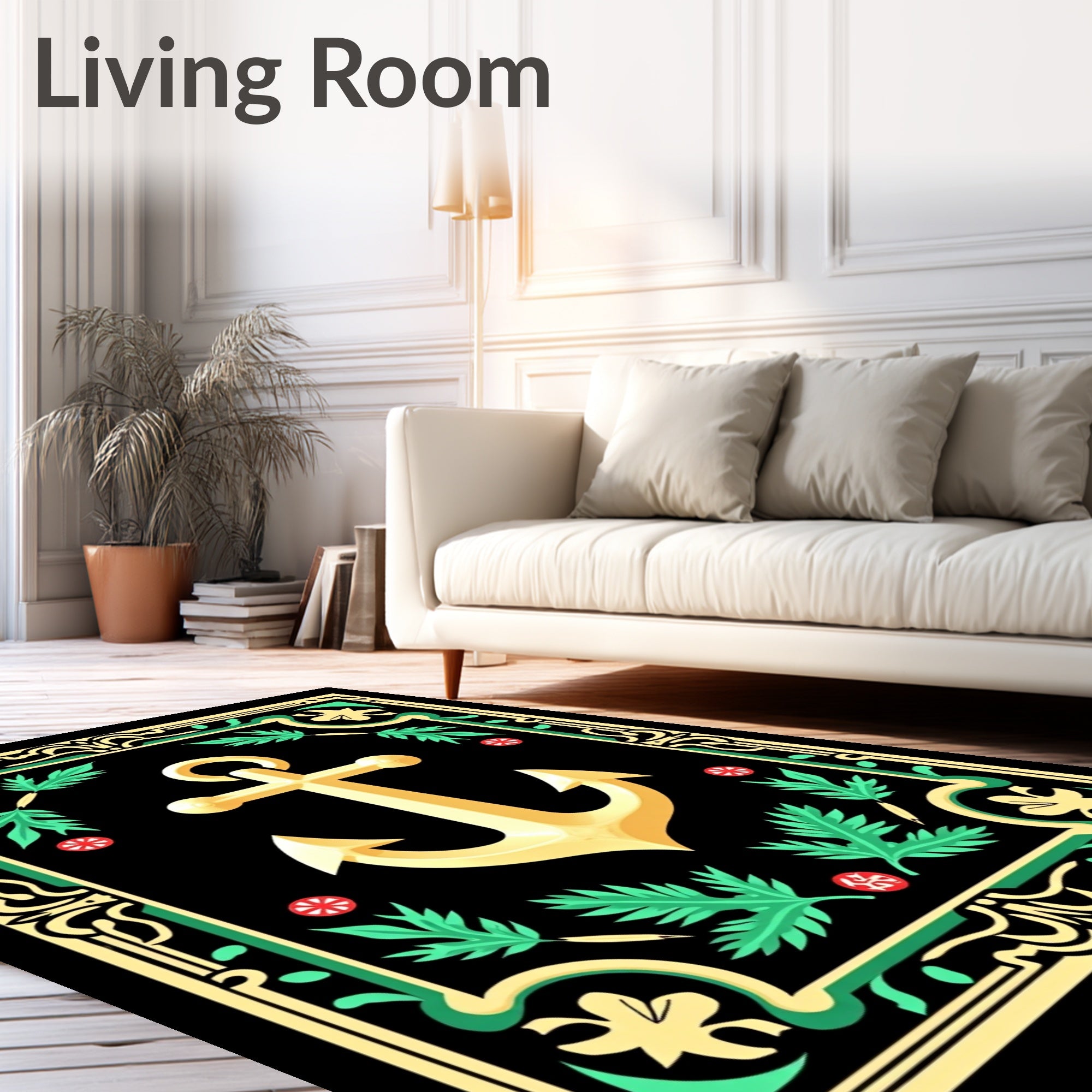 Golden Anchor With Green Floral Border Rug