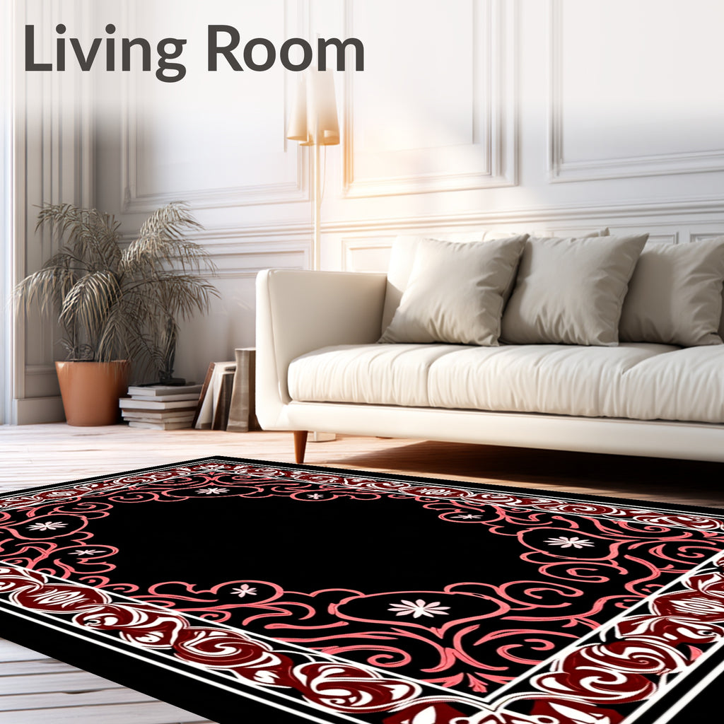 Ornate Coral Swirl Floral Border Rug