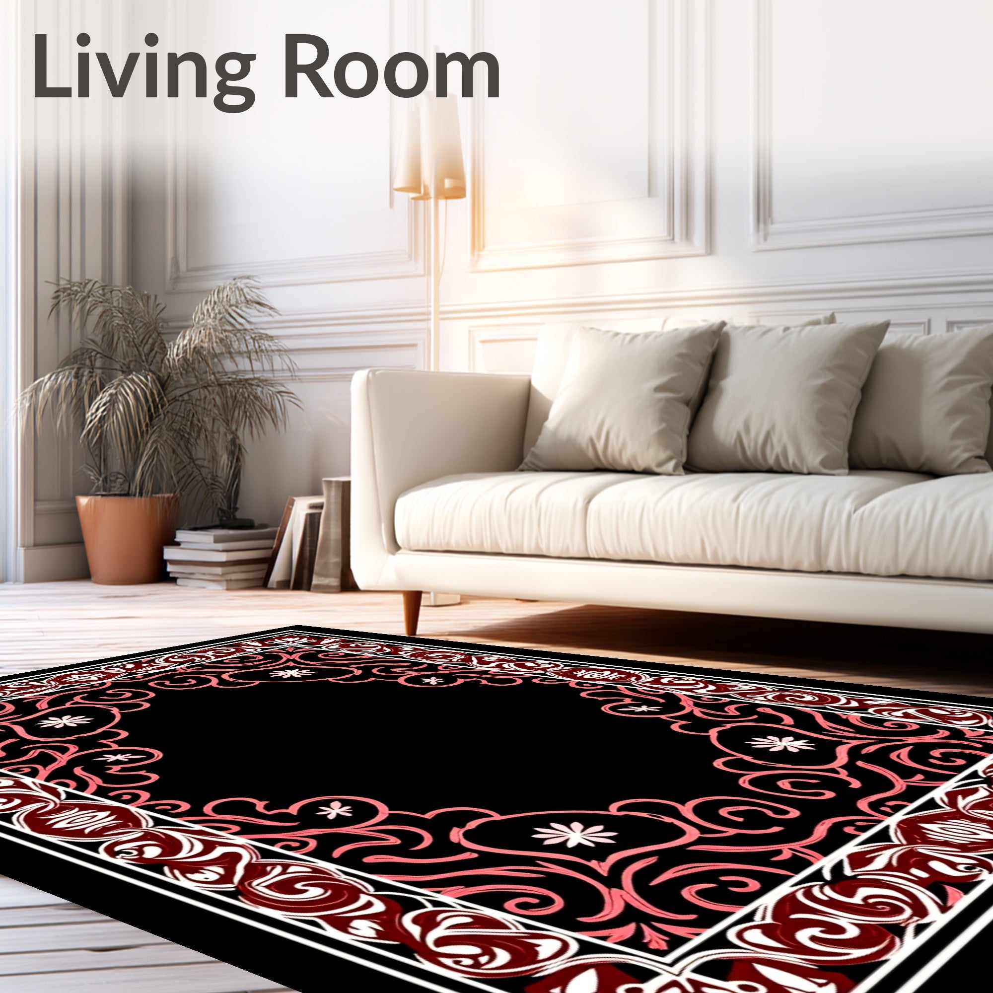 Ornate Coral Swirl Floral Border Rug