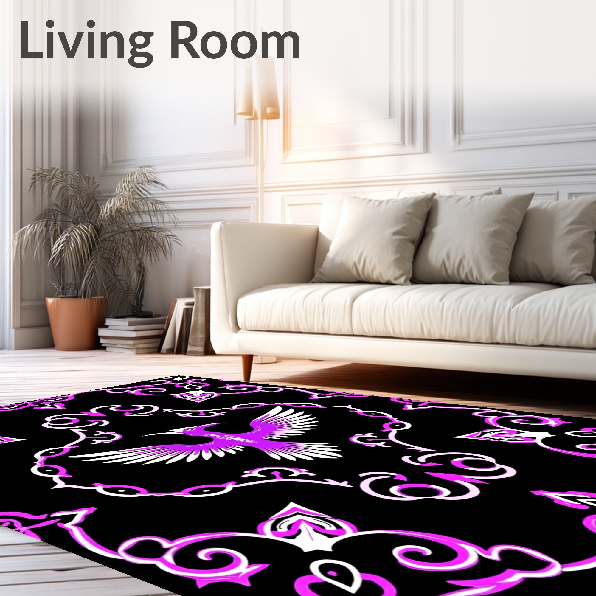 Vibrant Purple Bird Black Swirl Rug