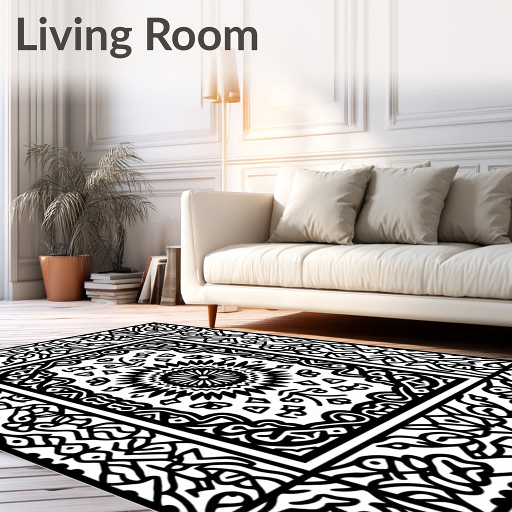 Intricate Black White Mandalas Border Rug
