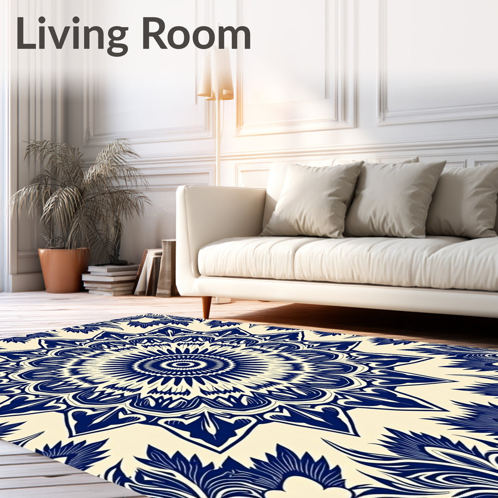 Navy Blue Floral Mandala Radial Rug