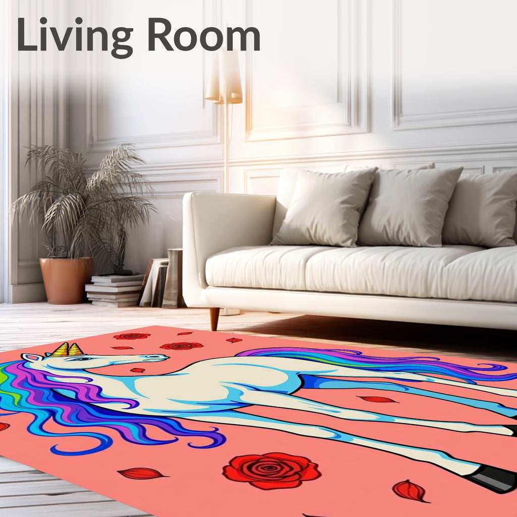 Rainbow Mane Unicorn With Red Roses Rug
