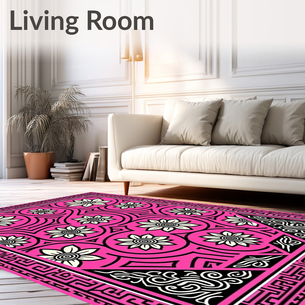 Vibrant Pink Floral Swirl Geometric Rug