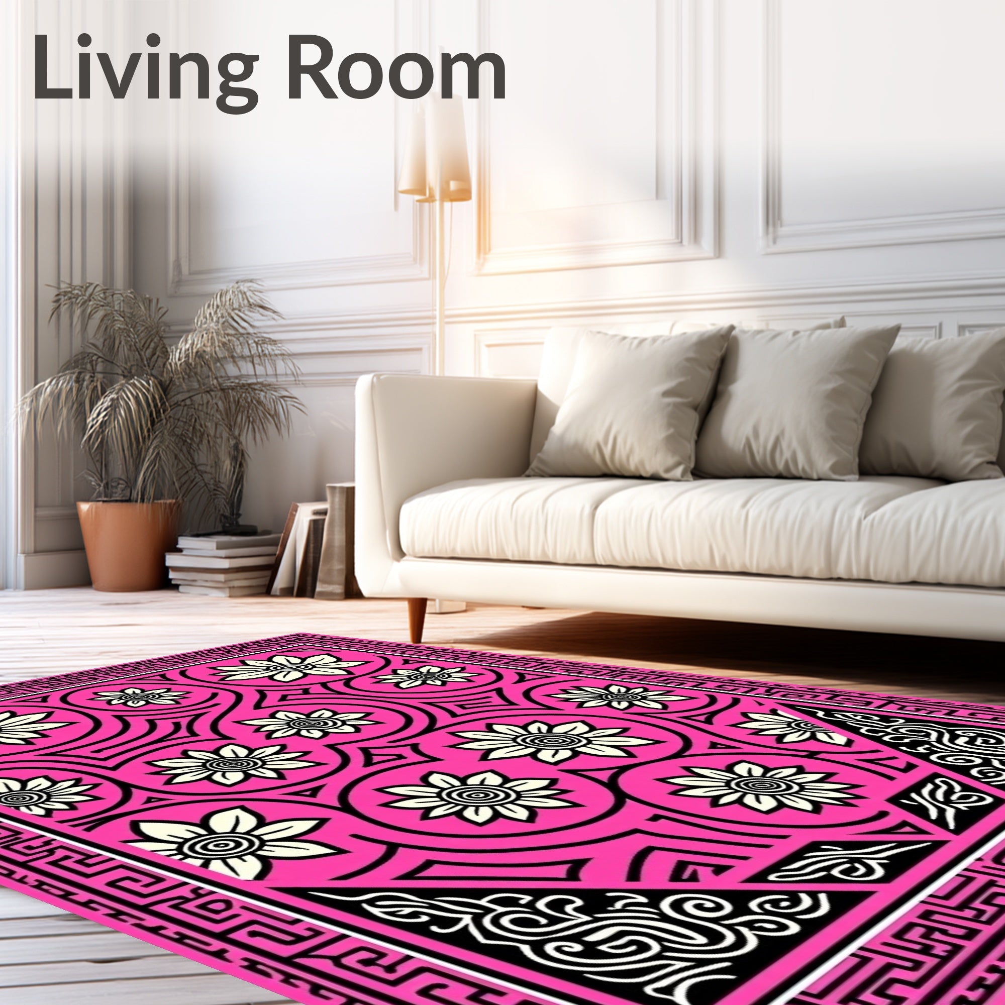 Vibrant Pink Floral Swirl Geometric Rug