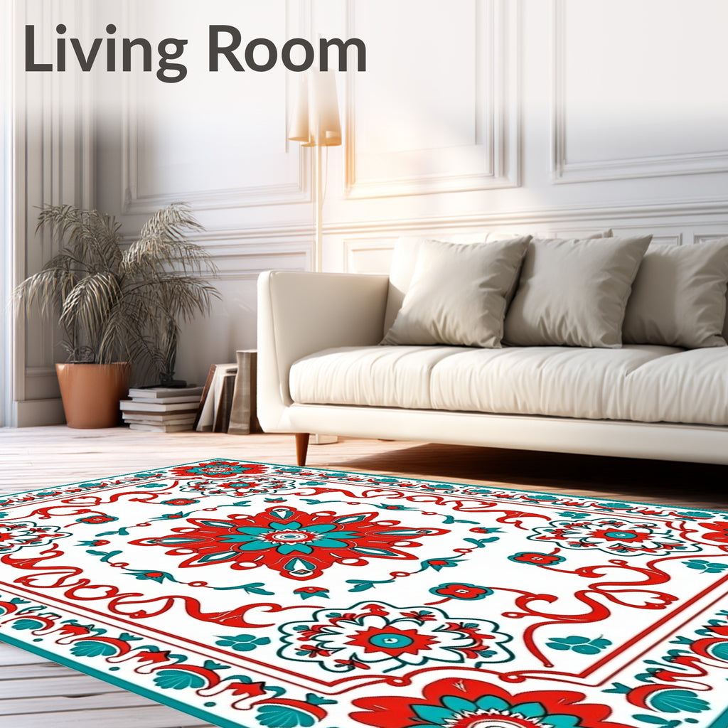 Red Turquoise Floral Medallion Border Rug