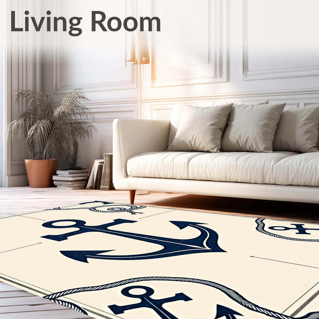 Navy Anchor Nautical Rope Cream Rug