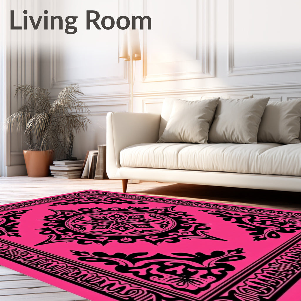 Hot Pink Black Floral Medallion Frame Rug
