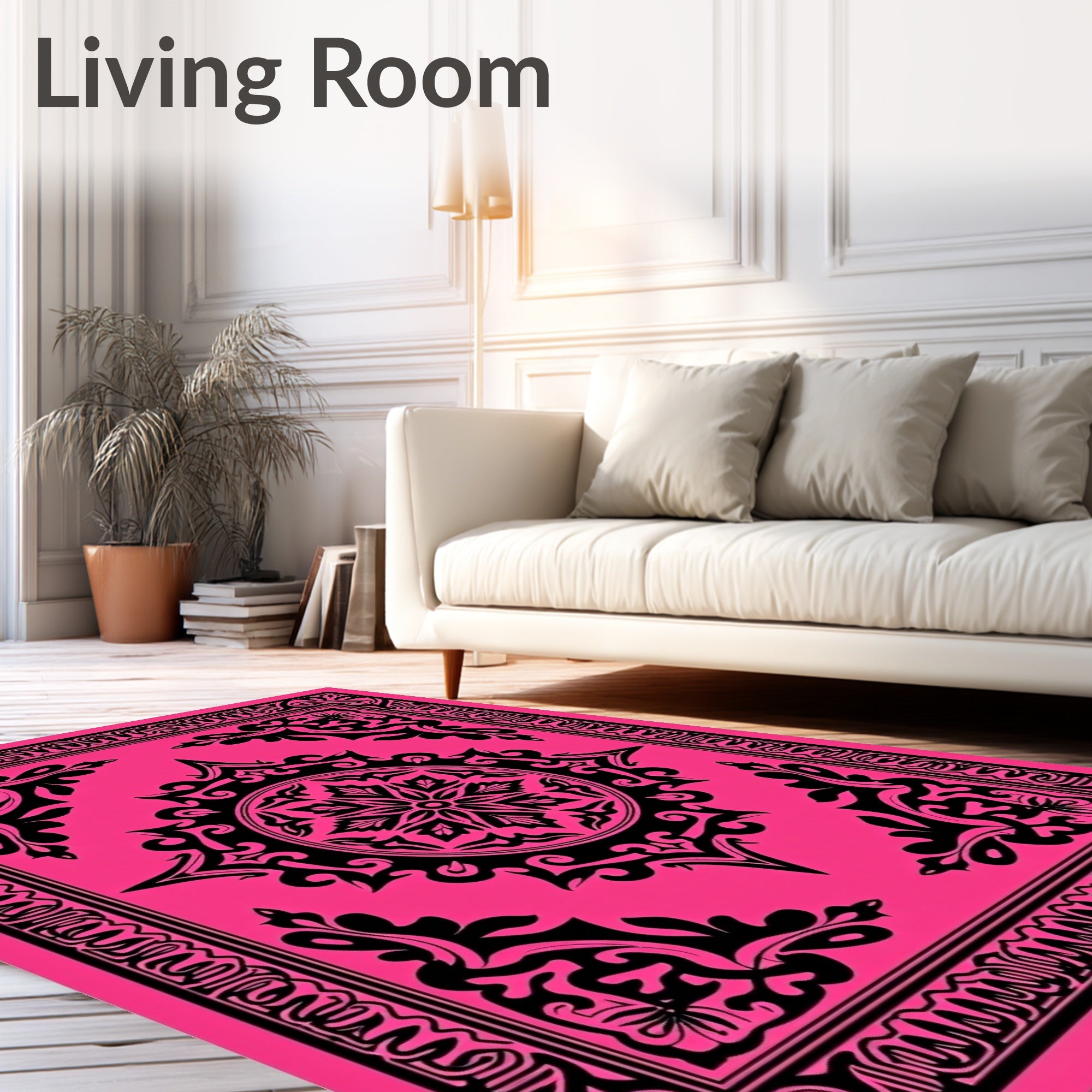 Hot Pink Black Floral Medallion Frame Rug