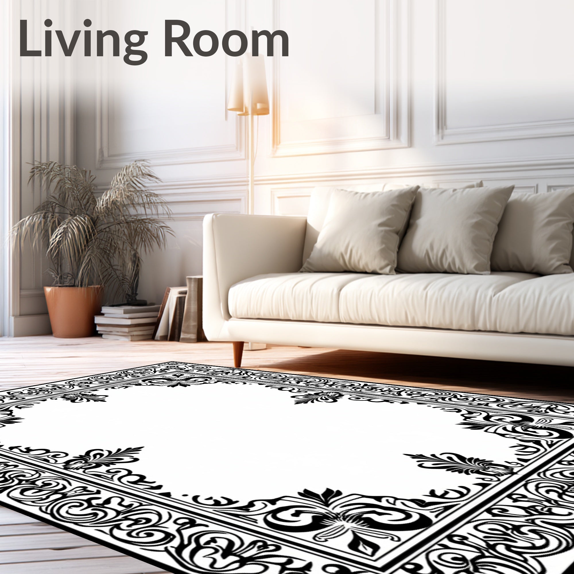 Ornate Black Floral Scroll Border Rug
