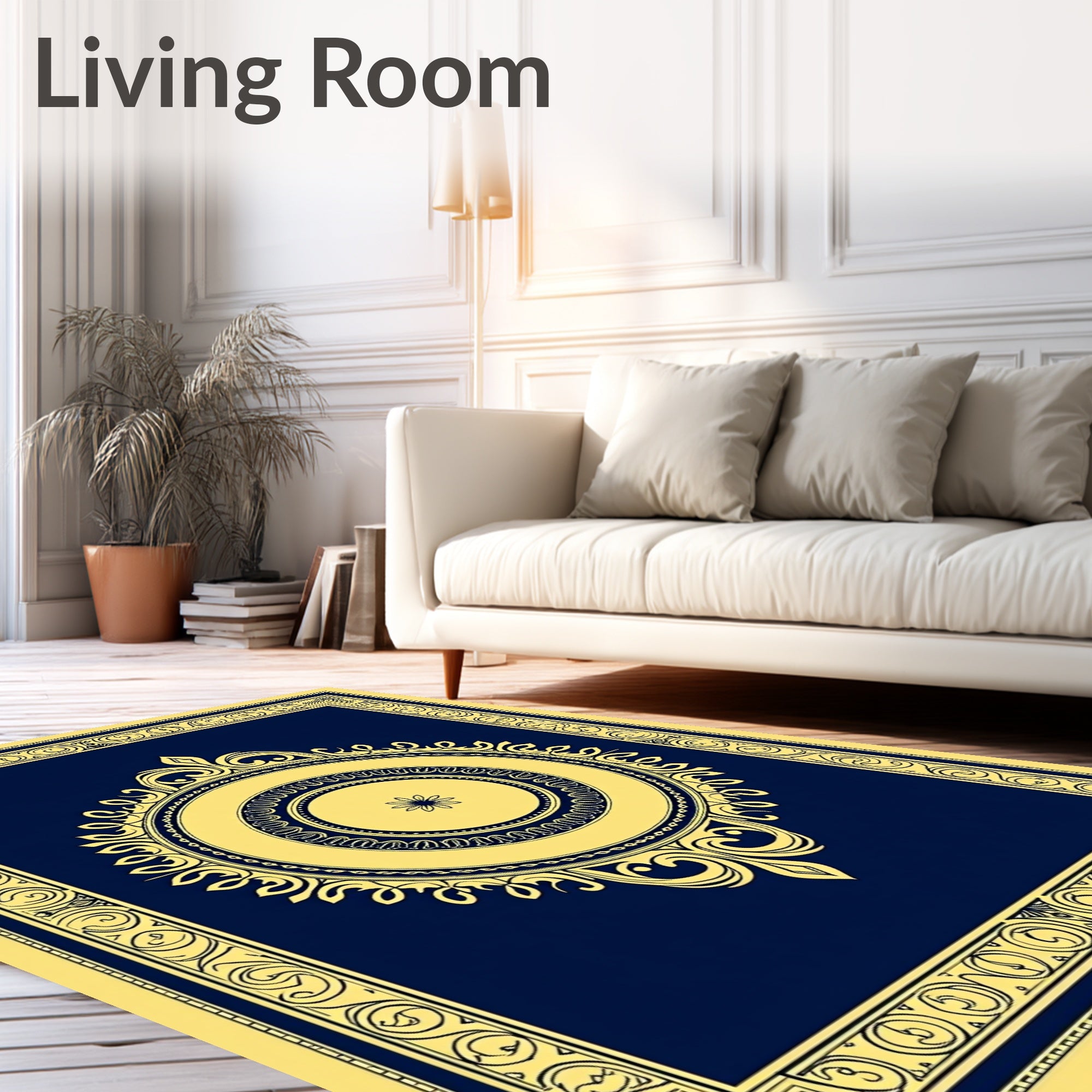Gold Floral Medallion Navy Yellow Rug