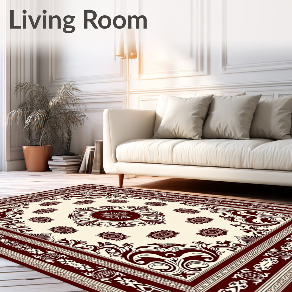 Deep Crimson Damask Scroll Square Rug